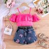New Summer Girls' Denim Vest Top + Suspender Underwear + Green Pleated Skirt + Belt Four-piece Set
