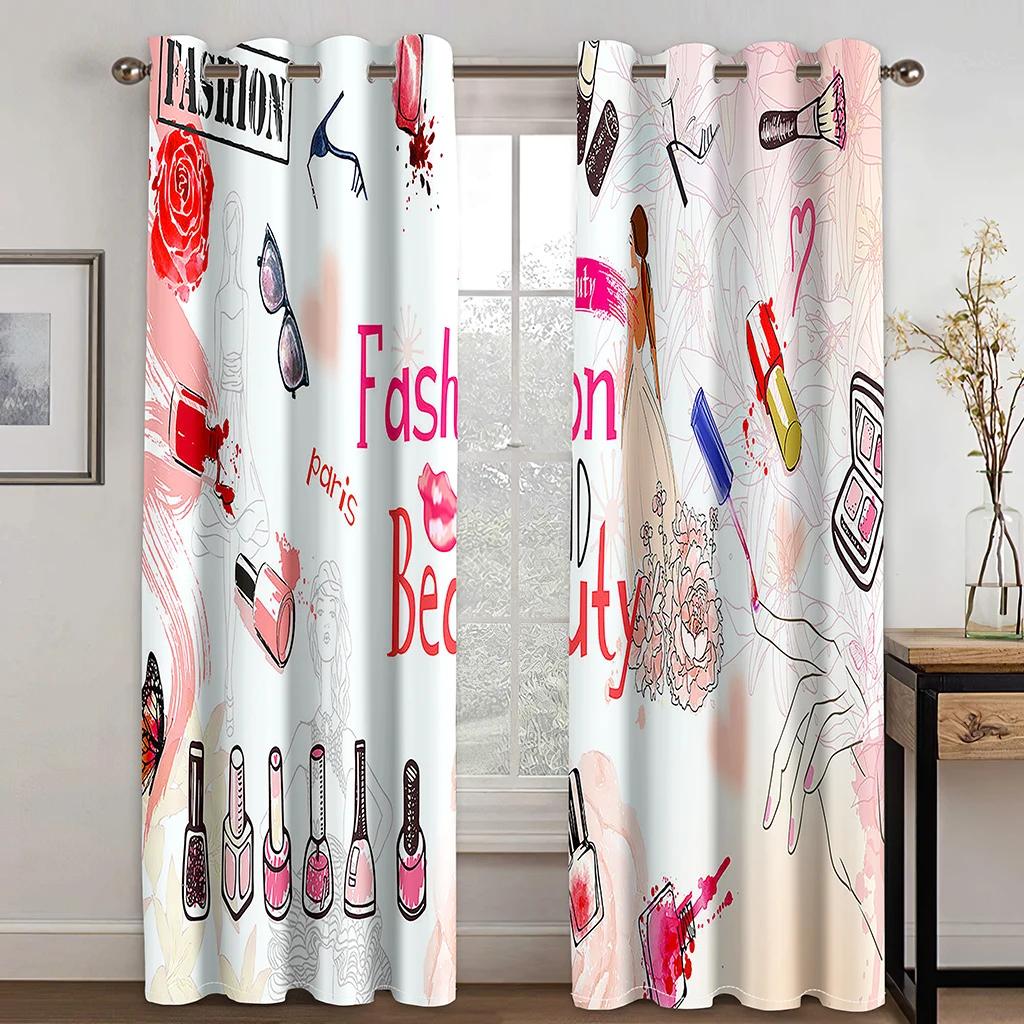 2 Paneler 3D Digitaltryck Härliga Rosa Röda Glitter Ögonfransar Ögon Ros Läppar Flickrum Tunna Draperier Prinsessa Vardagsrum Fönster