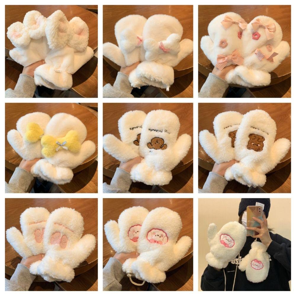 

Утолщенные плюшевые перчатки с бантом, варежки с длинными пальцами, милые перчатки, креативные студенческие вязаные перчатки для верховой езды