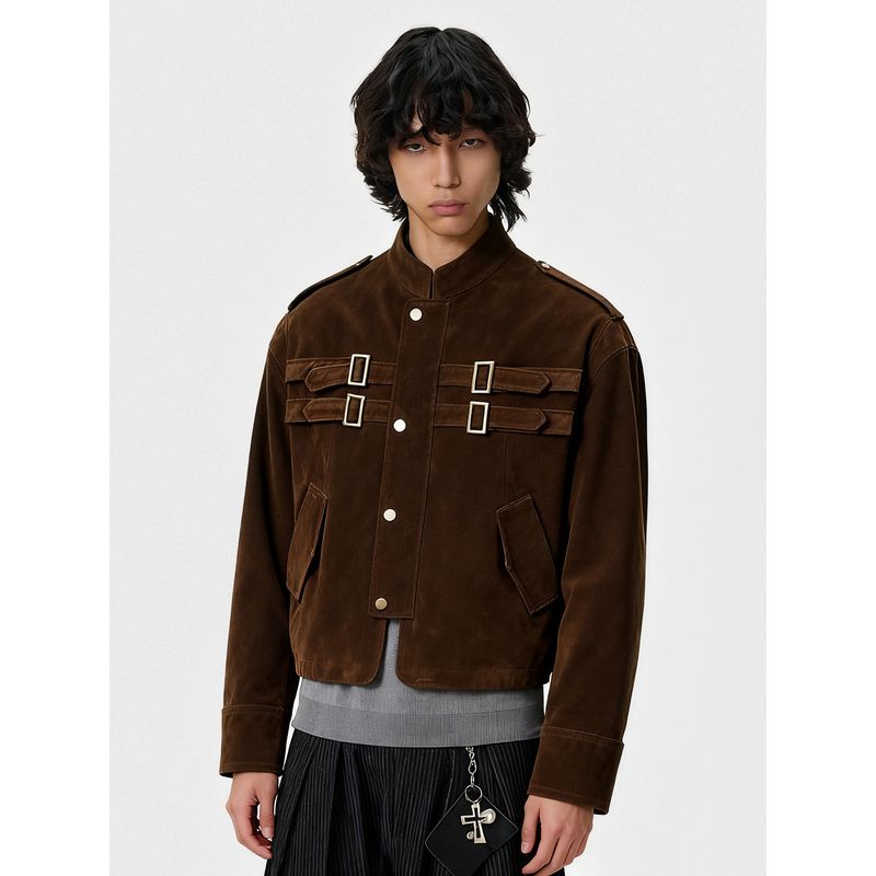 Blaexit Early Autumn Maillard Brown Suede Patchwork Jacket Men's Short Harrington Stand Collar Work Jacket