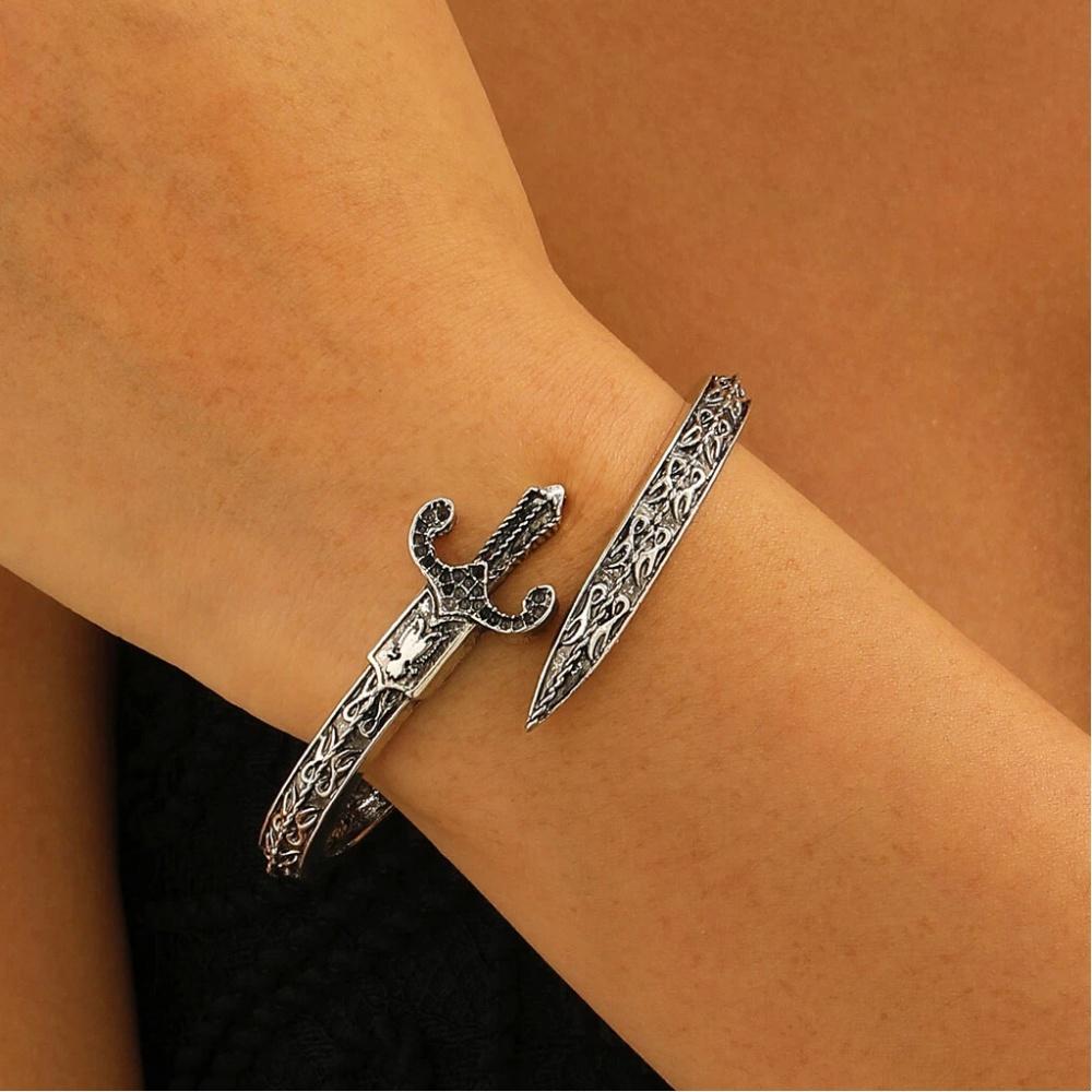 1Pc Vintage Sword Shape Jewelry Set, Distressed Silver Cuff & Ring, Perfect for Party, Festival & Gift