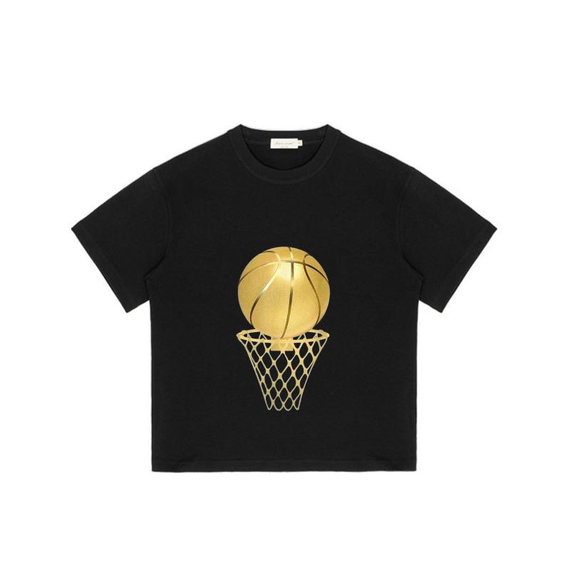 Schwarzes T-Shirt Goldener Basketball- und Korb-Print Lässige Streetwear für Männer und Frauen
