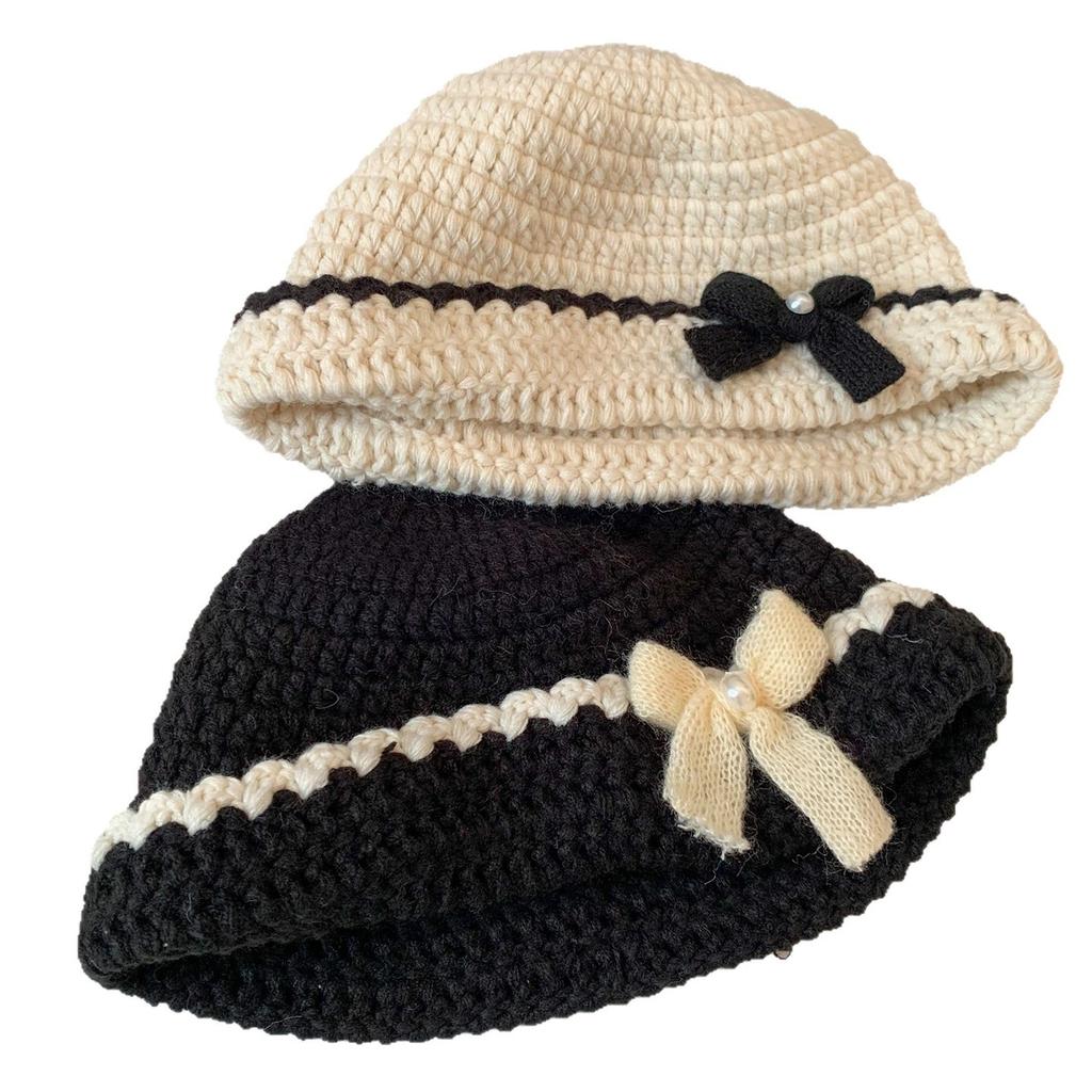 Handwoven bow knitted hat women's autumn and winter warm cold hat show small temperament wool hat