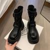Buckle women's short boots 2025 autumn new black retro versatile small thick-soled fried street locomotive boots