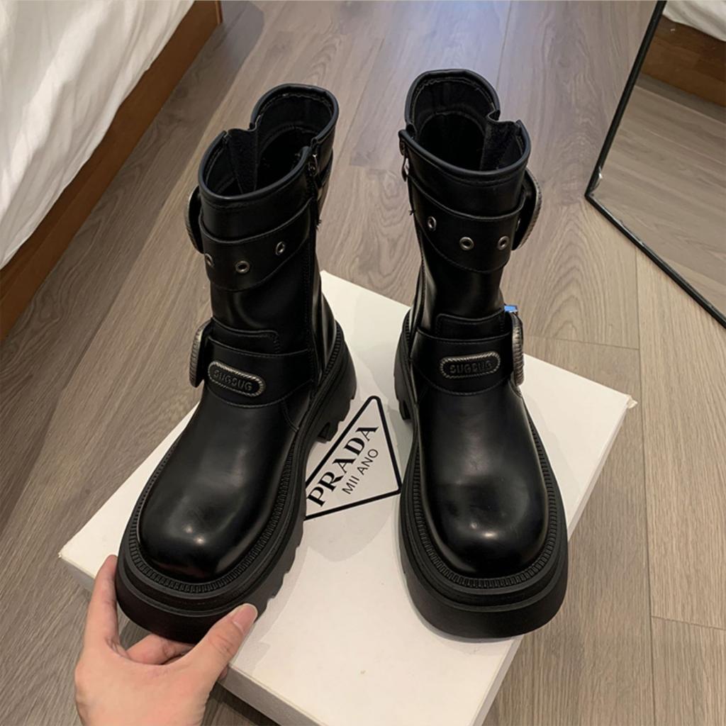 Buckle women's short boots 2025 autumn new black retro versatile small thick-soled fried street locomotive boots