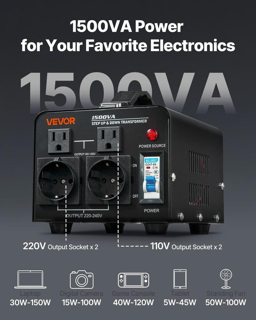 Voltage Converter Transformer, 1500VA, Heavy Duty Step Up/Down Power Transformer, Convert from 110V To 220V and 220V To 110V, with US Outlets, EU