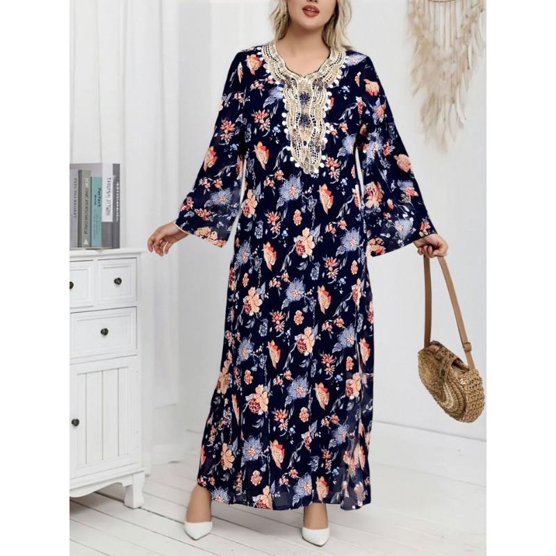 Long Sleeve Dress Print Loose Women's Dress Ethnic Lace Flared Sleeve Dress