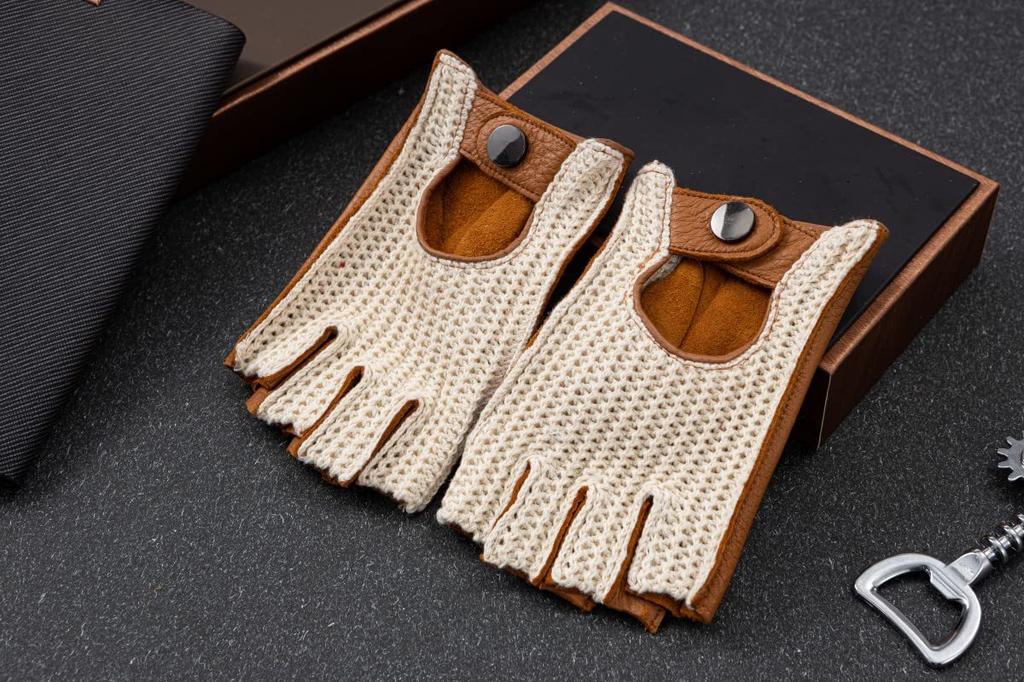 NappaNovum Deerskin Crochet Stringback Driving Medium Gloves, Camel,