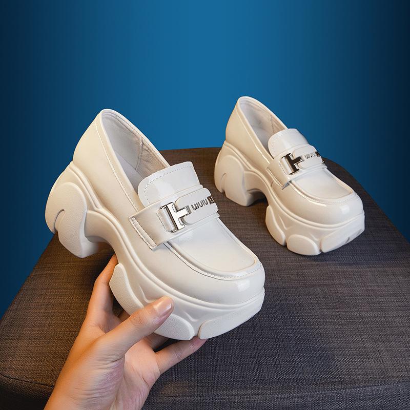 British loafers women's black platform small leather shoes spring 2025 new versatile one-pedal single shoes inner height increase women