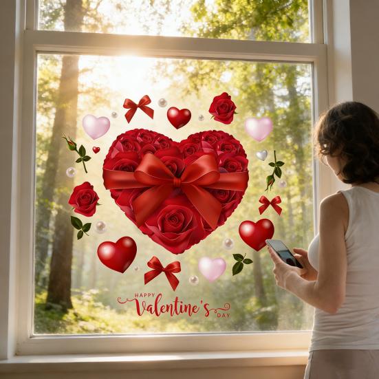 Heart-Shaped Rose Flower Window Sticker Valentine's Day Removable PVC Window Glass Decal Reusable Static Clings for Home Wedding Anniversary