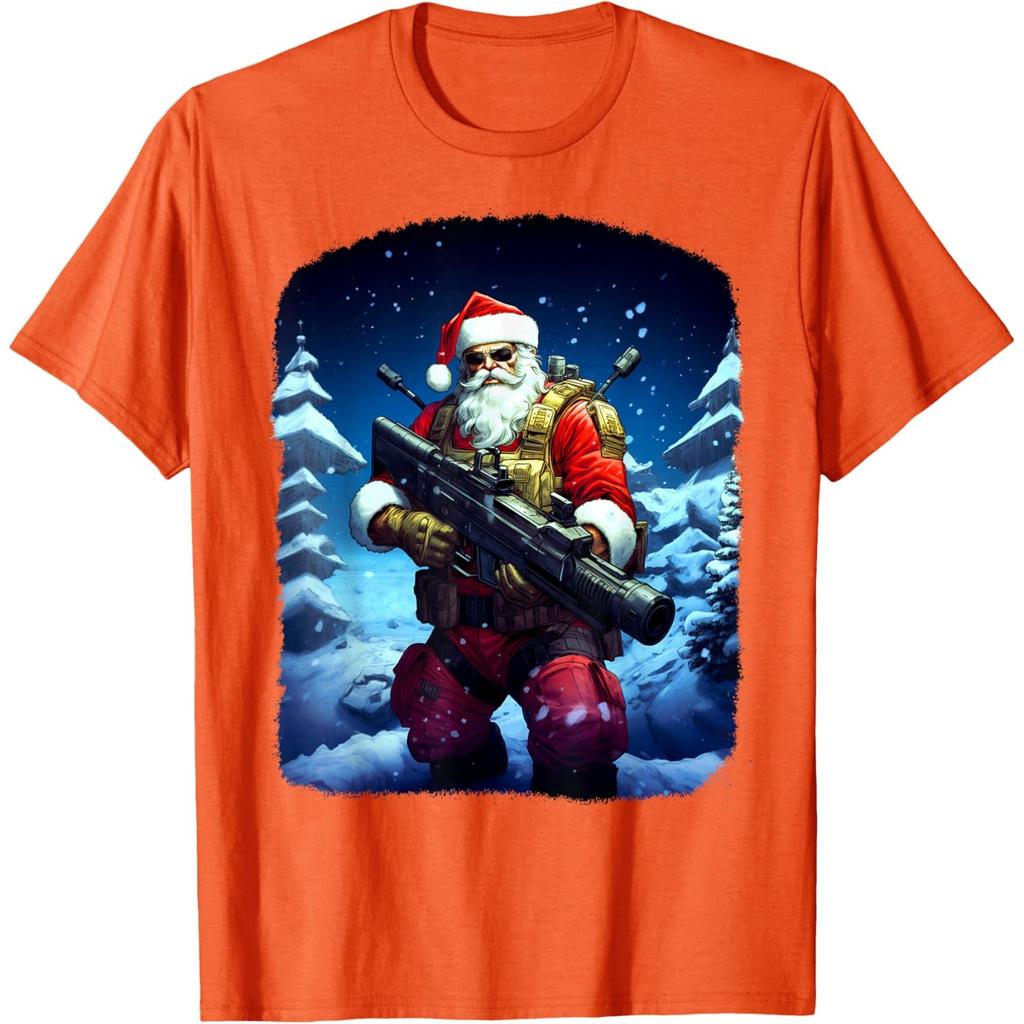 Tactical Santa Gun Graphic Print Men's Cotton Casual Round Neck T-Shirt