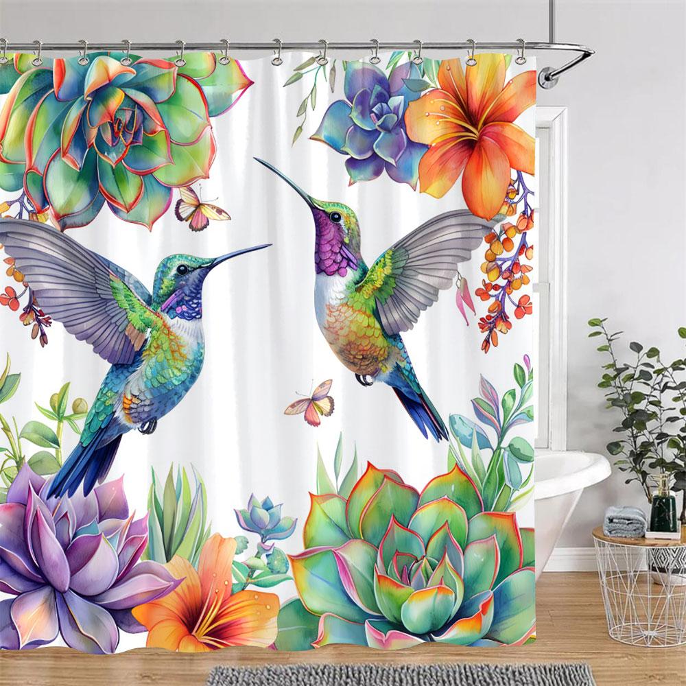 Tropical Plants Floral Shower Curtain Green Palm Leaves Pink Flowers Polyester Fabric Shower Curtains Bathroom Decor With Hooks
