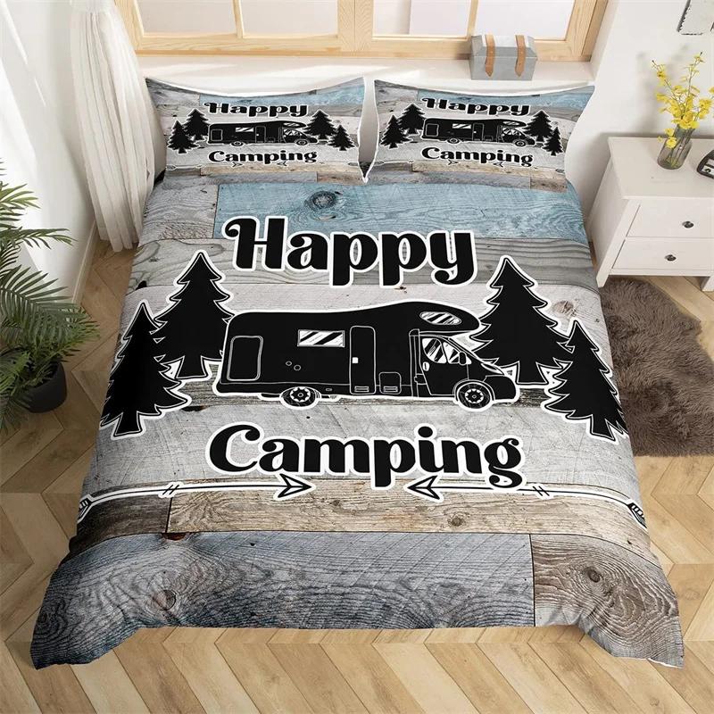 

Comforter Rustic Farmhouse Style Old Barn Door Comforter Polyester Happy Camper Print Black Sketch Drawing Comforter (quilt)-EU Single(135*200cm)3pcs