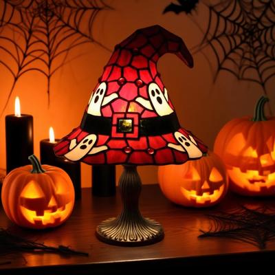 Witch Hat Lamp Stained Resin Gothic Wizard Hat LED Night Light Spooky Small Table Lamp for Indoor Bedroom Halloween Decor