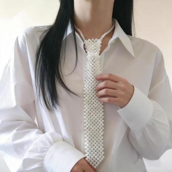 Women Necktie, Faux Pearls Wedding Guest Tie, Decorative Business Suit Tie, Outfit Accessory for Formal Events