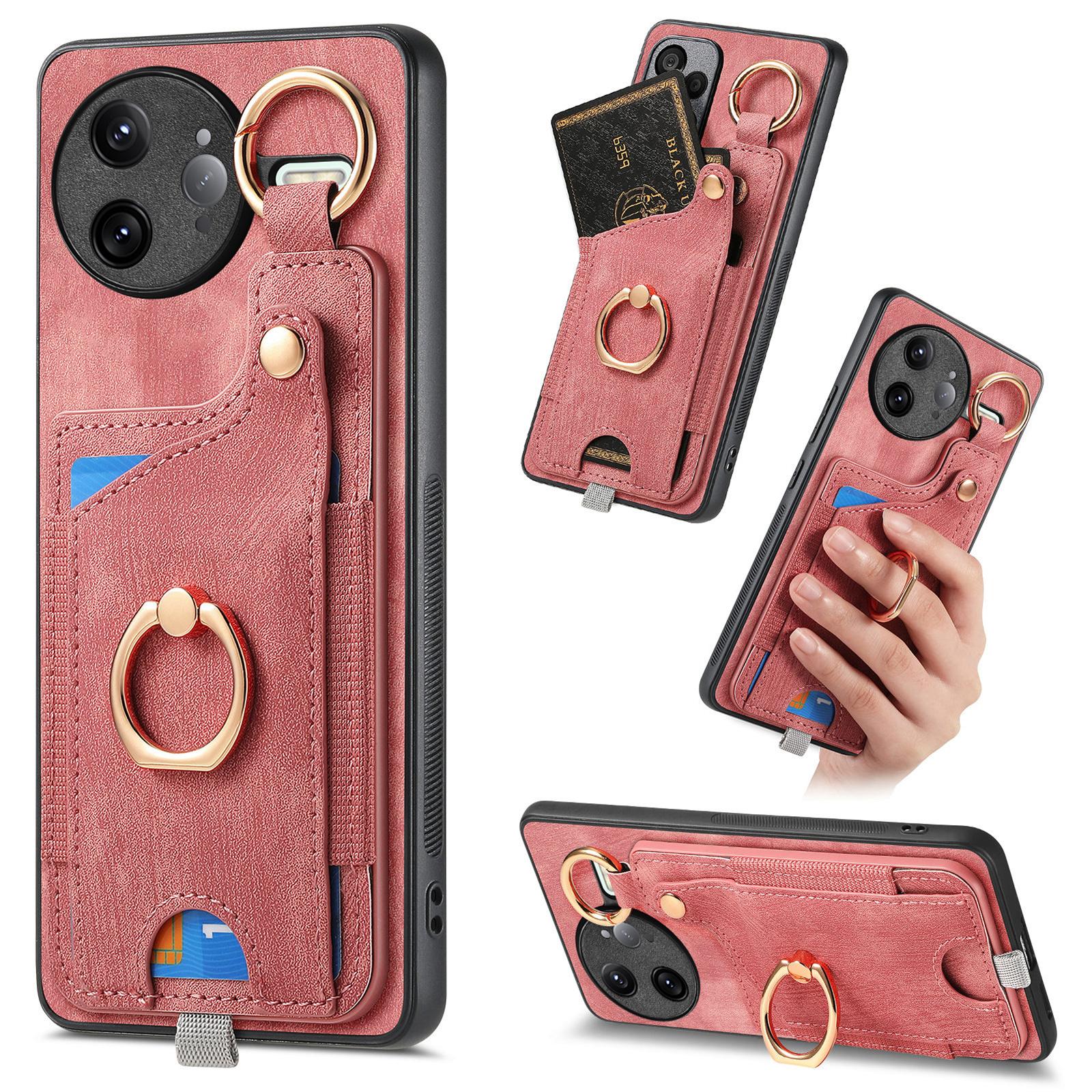 

For Xiaomi Redmi K80 Pro 5G Retro Leather Phone Back Cover with Card Slots and Ring Holder Pink