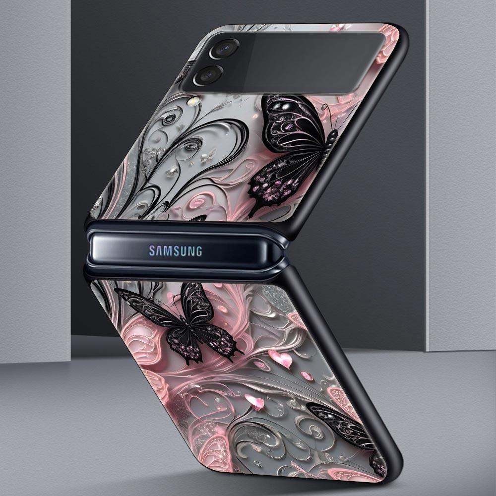 Fashionable Butterfly Flower Pattern Hard PC Phone Case For Samsung Galaxy Z Flip 7 6 5 4 Black Cover For Galaxy Z Flip 3 Shell