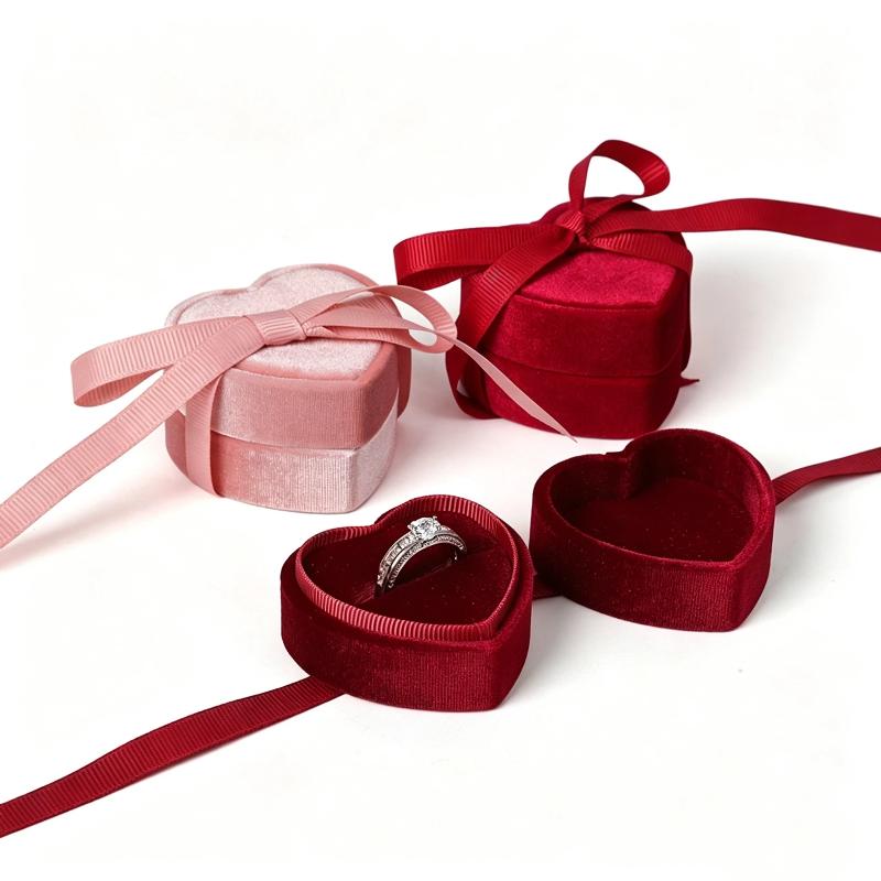 Creative Heart Velvet Ring Box with Ribbon Bow Exquisite Jewelry Packaging Case for Engagement Wedding Gift