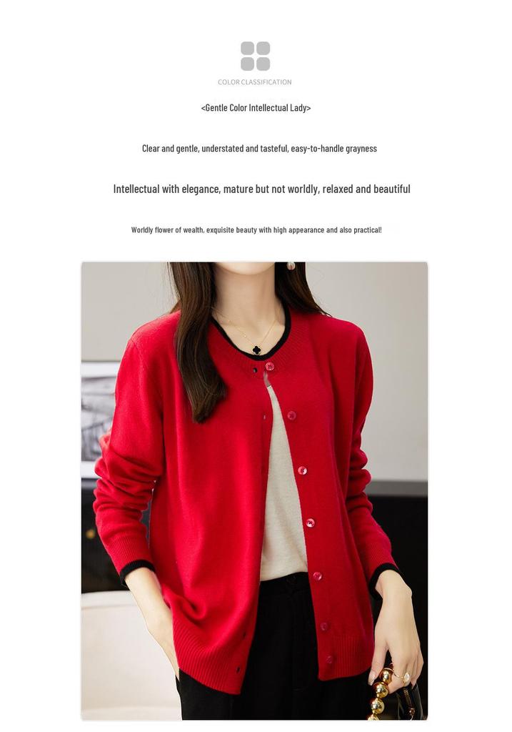 Women's 2024 Spring/Autumn Wool Knit Cardigan - Round Neck Cashmere Sweater Top