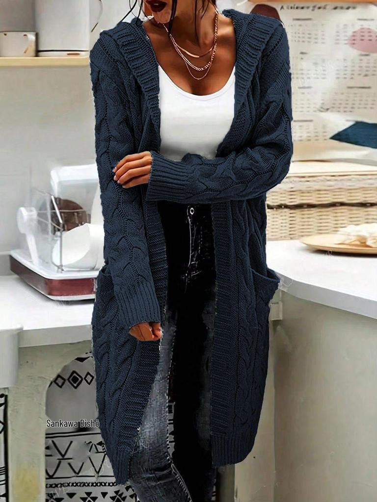 Women's Solid Color Loose Knit Cardigan - Chunky Mid-Length Cable Knit Sweater Coat