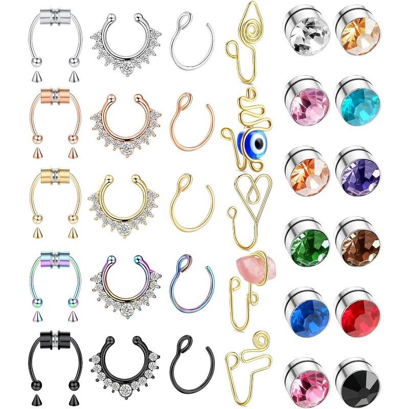 

Bobisty 32Pcs Fake Septum Nose Ring Stainless Steel Lip Stud Fashion Fake Nose Ring Hoop Shiny Non-Piercing Clip for Women Round&Nose Rings & Studs&Face