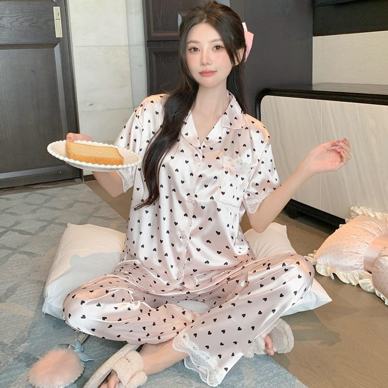Sweet And Cool Girl Ice Silk Pajamas Women'S Summer Short-Sleeved Trousers Casual Lazy Style Loungewear Can Be Worn Outside