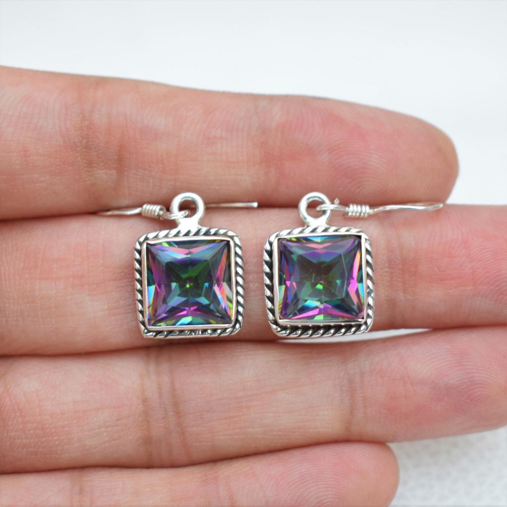 Handmade Square Mystic Topaz 925 Sterling Silver Earrings