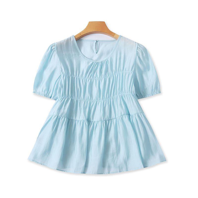 

504 Summer New Arrival Western Style Chest Smocking Casual French Style One Button Short Sleeve Shirt Sky Blue L