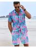 3D Flamingo Print Men's Shirt Hawaiian Beach Vacation Short Sleeve and Shorts Two-Piece Set
