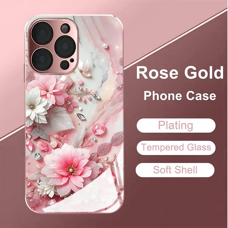 Pink Diamond Marble Flowers Tempered Glass Phone Case for iPhone 17 Pro Max 14 15 16 Plus 11 12 13 Pro Max 16E 17Air Hard Cover