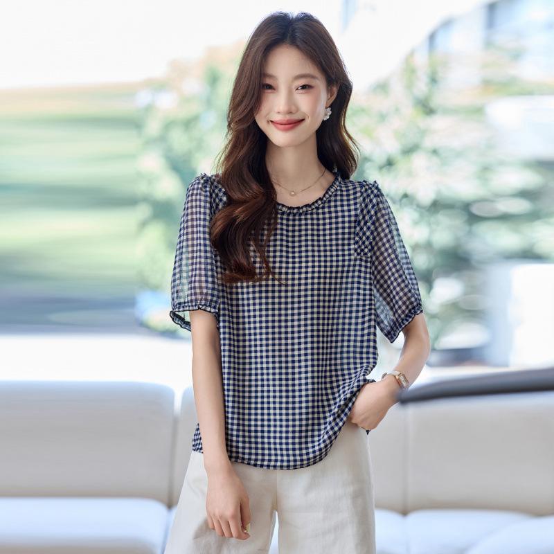 

Дизайнерская грибная кромка, круглый вырез, клетчатая рубашка-топ, женская летняя новинка, свободная и тонкая рубашка, тренд XL