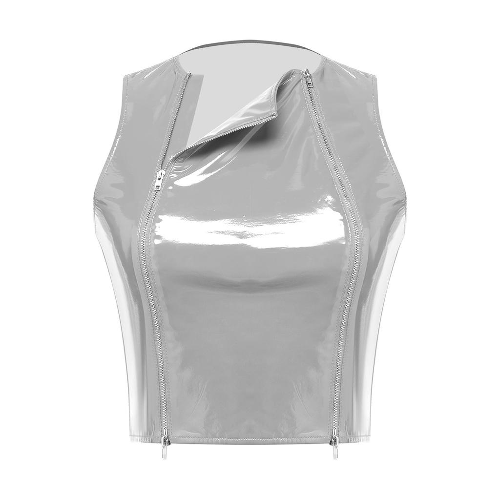 Damen Nasses PU-Leder Crop Top mit Reißverschluss vorne, ärmellos, glänzendes Tanktop, Nachtclub-Kleidung