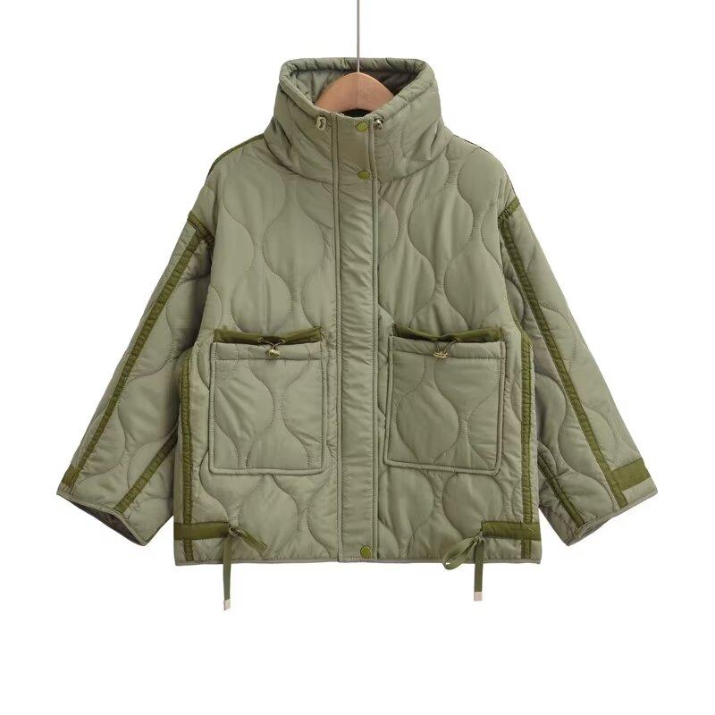 Autumn Women's Fashion Pocket Decoration Loose Long Sleeved Stand Collar Diamond Grid Cotton Jacket Short Jacket