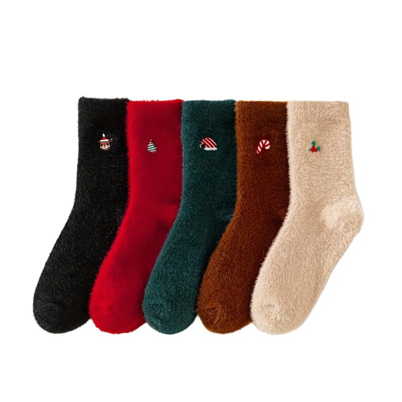 Polyester Soft Home Floor Socks Christmas Fluffy Socks Party Mink Fur Soft Sock Warm Christmas Embroidered Socks Home