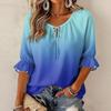 Women's Fashion Round Neck Tie Gradient Print Ruffle Three-Quarter Sleeve Blouse