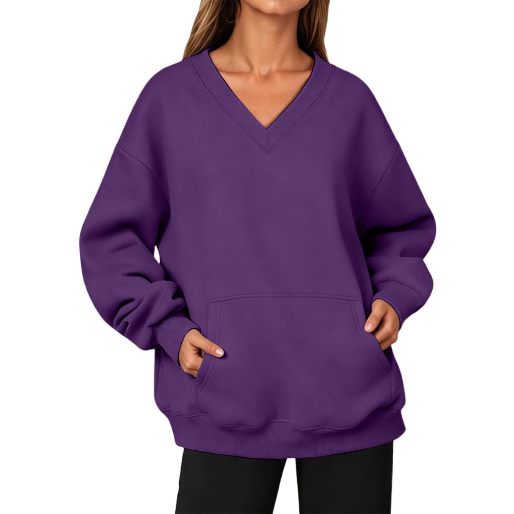 Women’s V Neck Long Pullover Sweatshirt with Pocket Loose Fit Casual Long Sleeve Top for Autumn and Winter