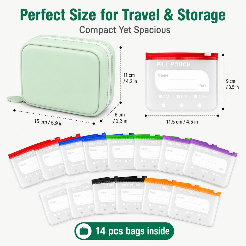 Travel Portable Pill Organizer with 14 Reusable Zipper Pouches, Food Grade Silicone Case for Medicine and Daily Essentials