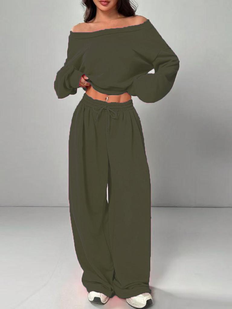 Women's Slim Fit One-Shoulder Crop Top and Casual Pants Set