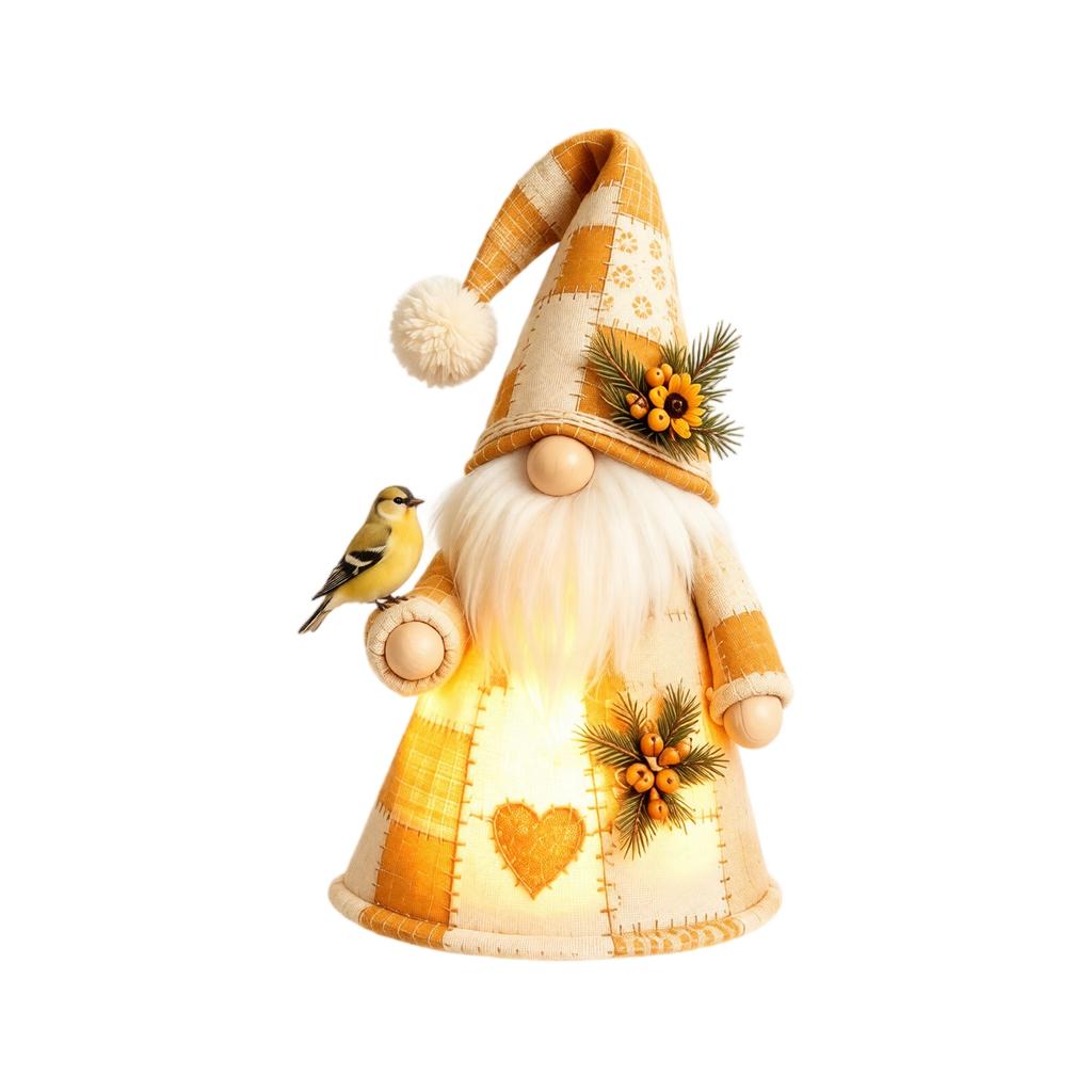 Patchwork Light-Up Gnome Figurine with Combinable Bird-Shaped Puppet for Home Decor