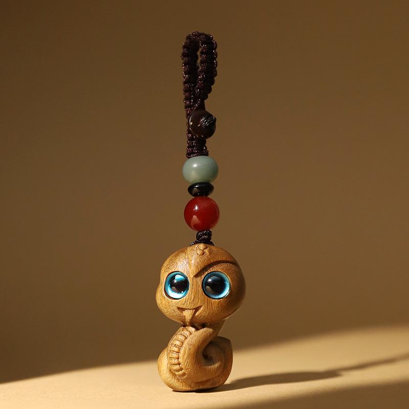 Zodiac Snake Green Sandalwood Keychain Pendant with Phone Lanyard for Men and Women