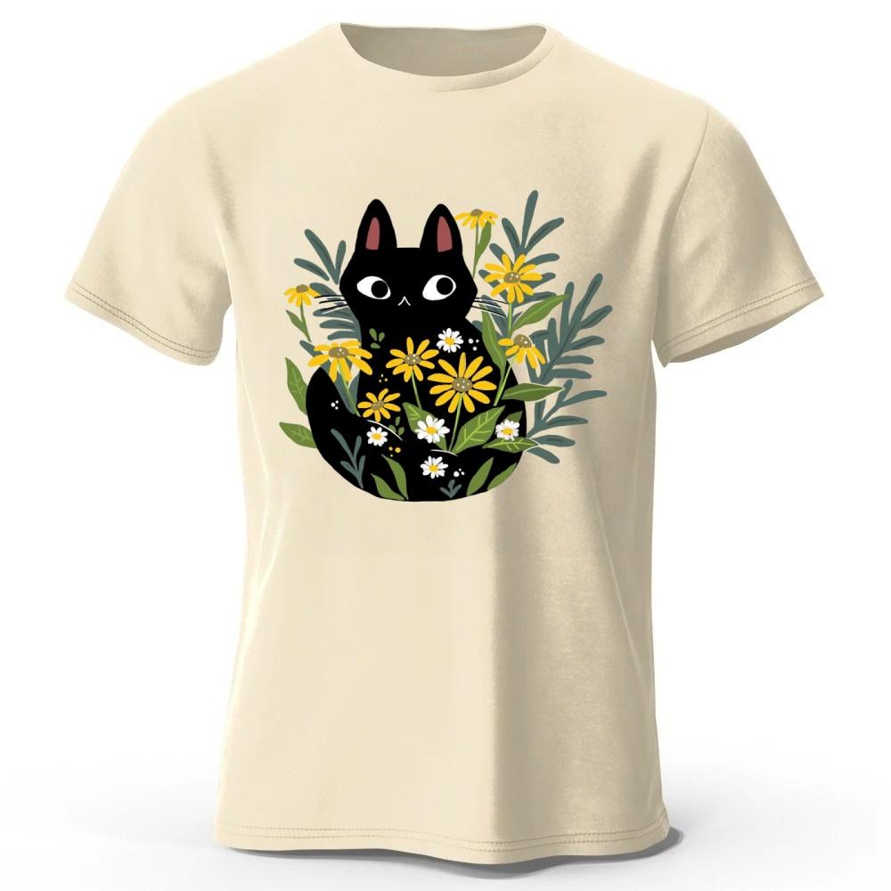 Spring Literature Clear Black Cat Printed Pure Cotton Tshirt for Men Women Fashion Casual Plus Size Loose Short Sleeve Soft Top