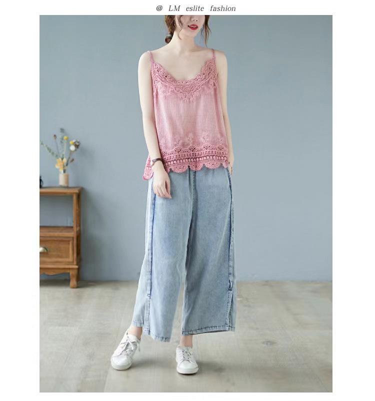 Women's Summer Lace Applique Tank Top – Sleeveless, Sexy, Loose Fit, Cotton with Edged Detailing