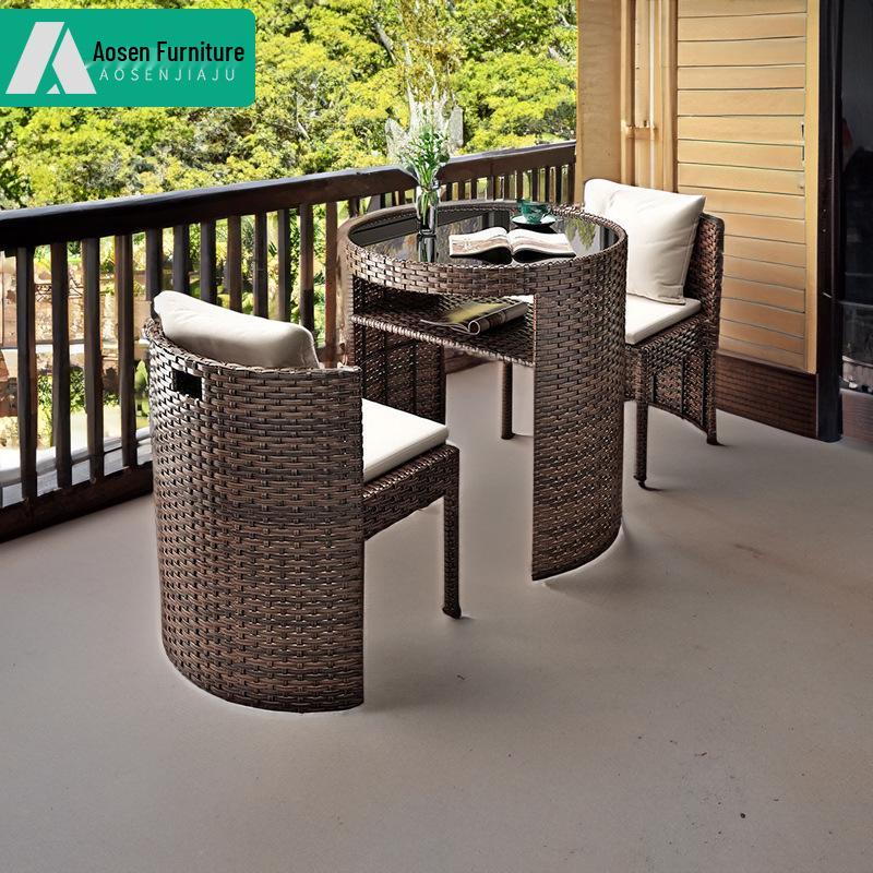 Outdoor Rattan Three-Piece Set: Balcony Chair and Terrace Tea Table
