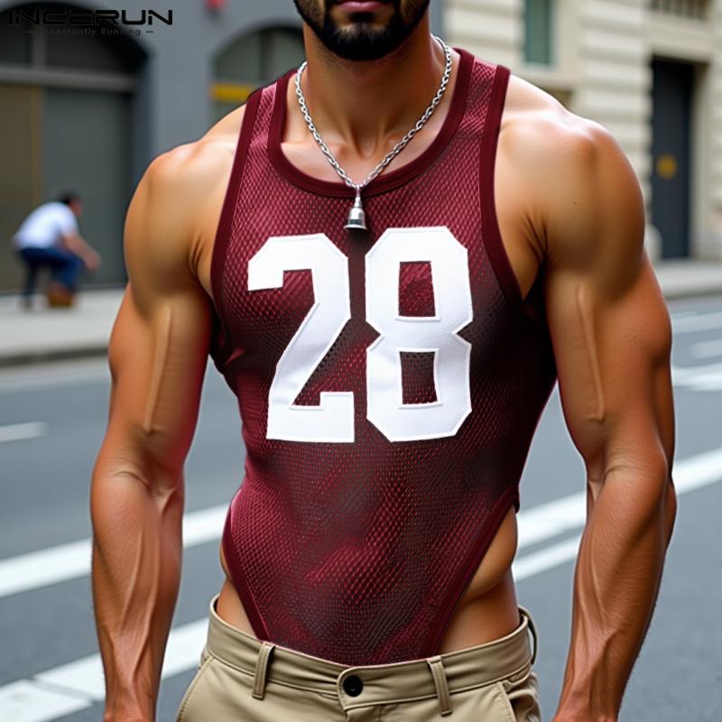 Men Sleeveless Letter Print See Through Transparent Jumpsuits Bodysuits Home Wear