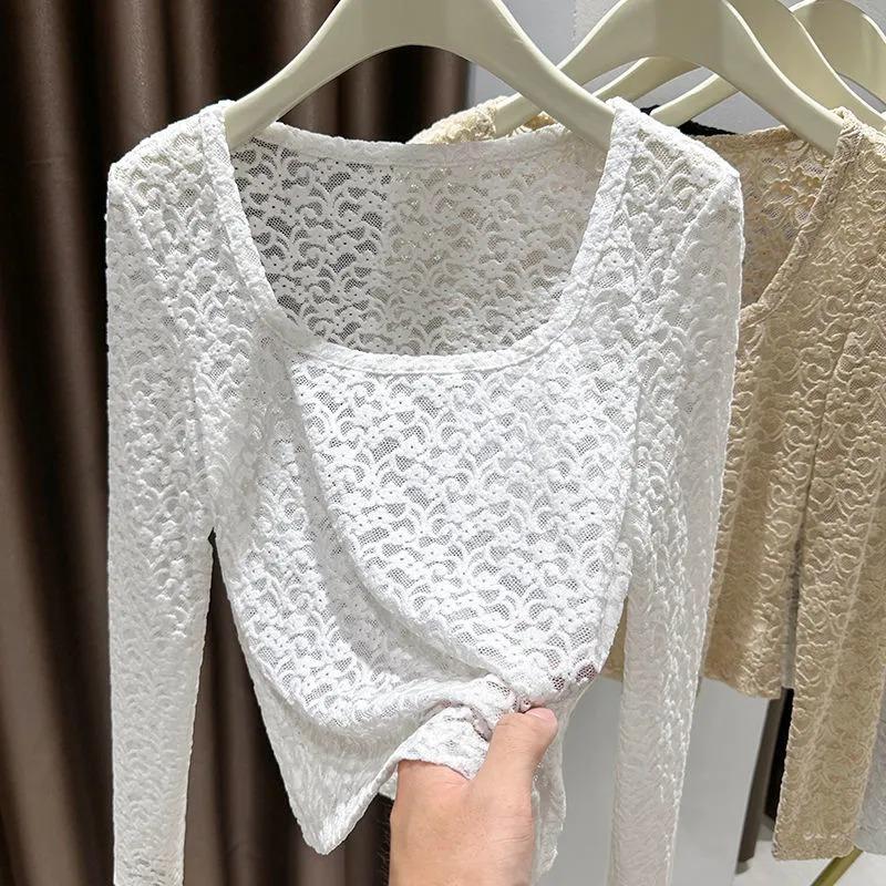 Mesh Lace Bottoming Shirt for Women in Autumn and Winter with Crocheted Hollow Square Collar and Long-sleeved T-shirt Top