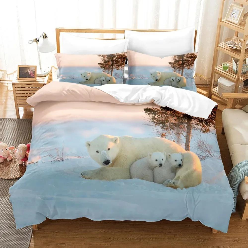 3D Printed Cute Bear Duvet Cover Set with Pillowcase Polar Bear Bedding Sets Comforter Cover Wild Animals Bed Set Queen Size