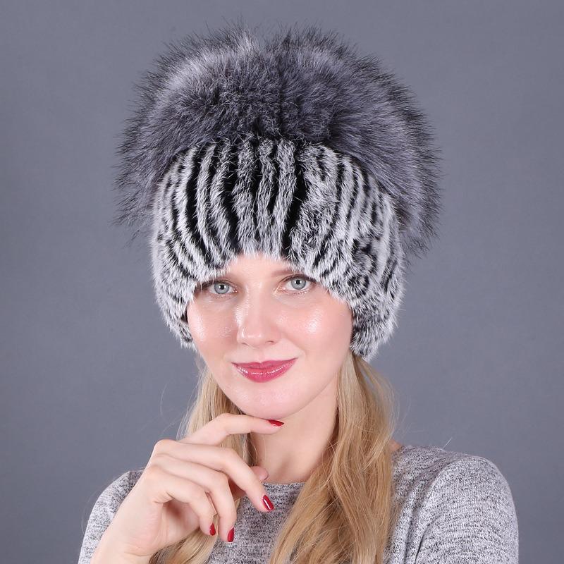 Autumn and Winter Women's Rabbit Fur Cap Casual Warm Ear Protection Knitted Caps