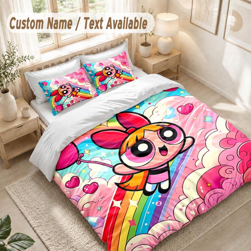 The Powerpuff Girls Bedding Set, 1 Duvet Cover & 2 Pillowcases Soft Comfortable Bedroom Home Textile Decor