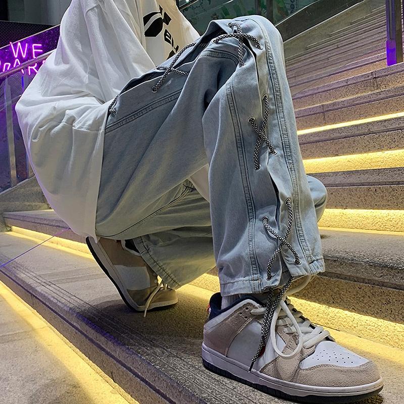 Cross Ribbon Jeans Men's Baggy Denim Pants Y2K Gothic Streetwear Korean Clothing Male Trousers