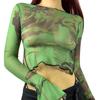 2023 Gothic Print Mesh T-shirt Sexy Hollow Out Long Sleeve Pullover Tee Y2K Fairy Grunge Vintage Women Fall Crop Top